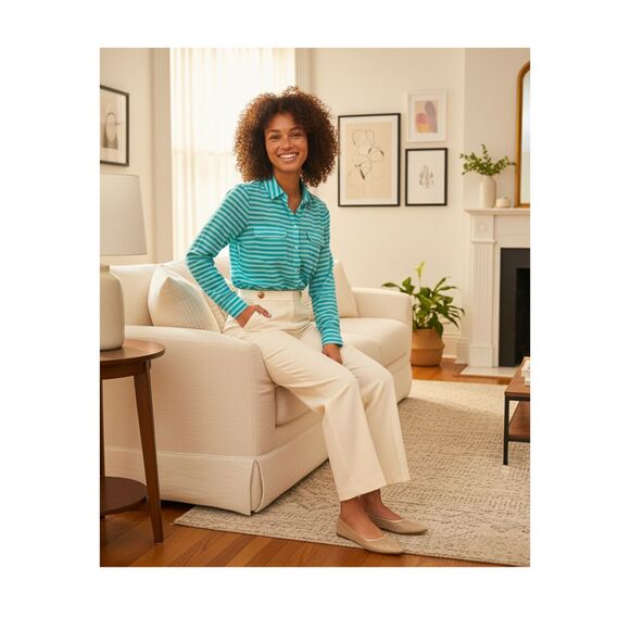 Old Navy Teal Striped Sheer Button-Down Size M Shirt Long Sleeve - Picture 7 of 12